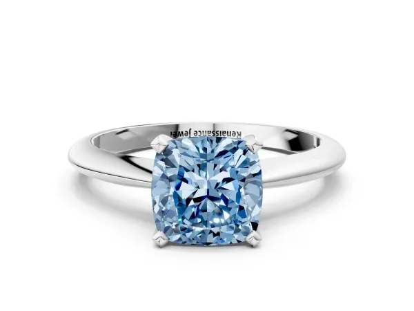 Fancy Blue Cushion Cut Diamond Solitaire Engagement Ring with Classic Band and Four-Prong Setting White gold