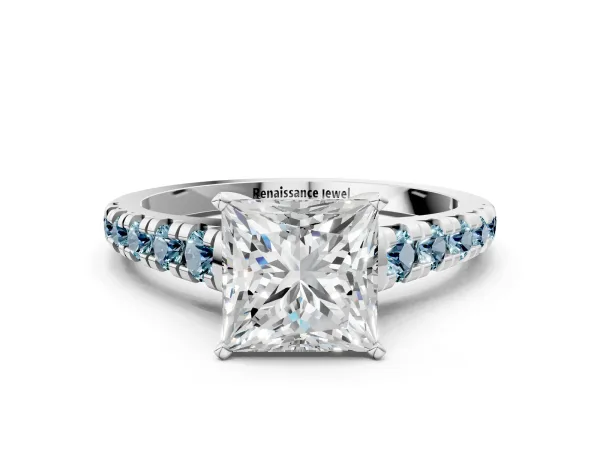 Princess Cut Diamond Cathedral Solitaire Ring with Round Aquamarine Pavé Band Platinum