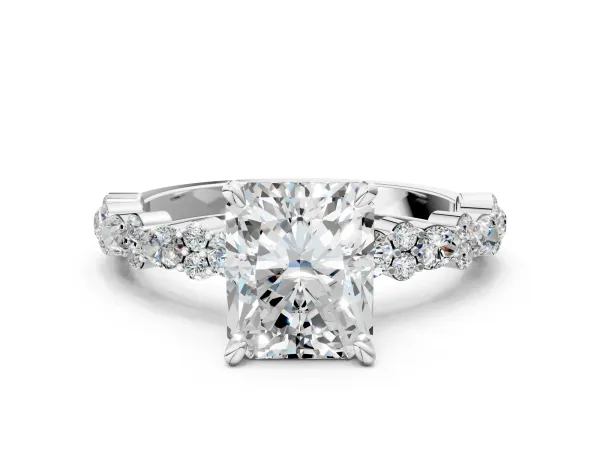 Radiant Cut Diamond Side Stone Solitaire Ring with Round and Four-Prong Setting Platinum