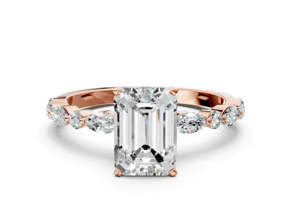 Emerald Cut Diamond Ring with Marquise and Round Side Stones and Four-Prong Setting Rose gold