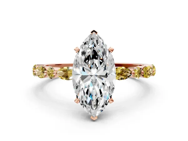 Marquise Cut Diamond Ring with Marquise and Round Yellow Sapphire Side Stones and Four-Prong Setting Rose gold