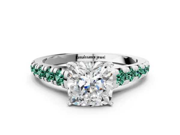 Cushion Cut Diamond Cathedral Solitaire Ring with Round Green Sapphire Pavé Band Platinum