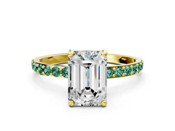 Emerald Cut Diamond Solitaire Ring with Round Green Sapphire Pavé Band and Prong Setting Yellow gold