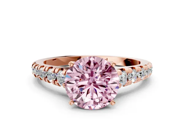 Fancy Pink Round Cut Diamond Cathedral Solitaire Ring with Round Pavé Band Rose gold