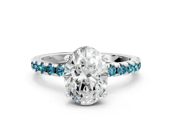 Oval Cut Diamond Solitaire Ring with Round Blue Topaz Pavé Band and Four-Prong Setting Silver