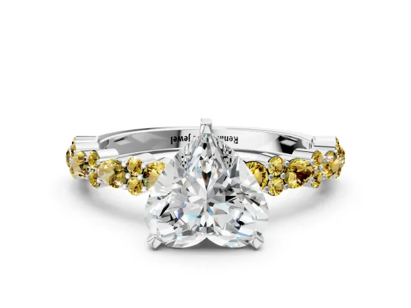 Heart Cut Diamond Side Stone Solitaire Ring with Round Yellow Sapphire and Four-Prong Setting Platinum