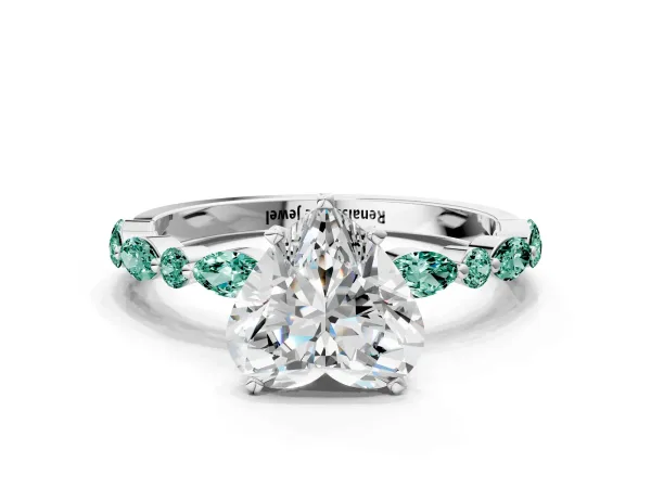 Heart Cut Diamond Ring with Marquise and Round Green Sapphire Side Stones and Four-Prong Setting Platinum