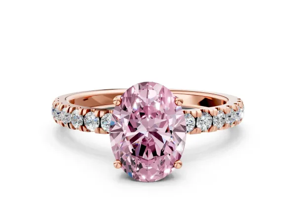 Fancy Pink Oval Cut Diamond Pave Band Solitaire Ring with Round and Prong Setting Rose gold