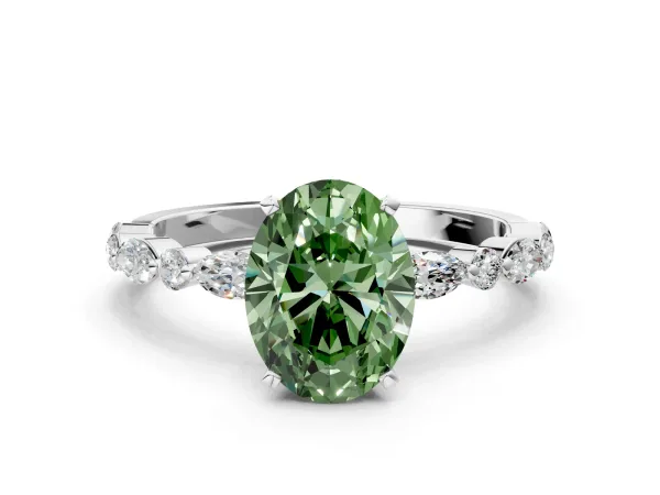 Fancy Green Oval Cut Diamond Ring with Marquise and Round Side Stones and Four-Prong Setting White gold
