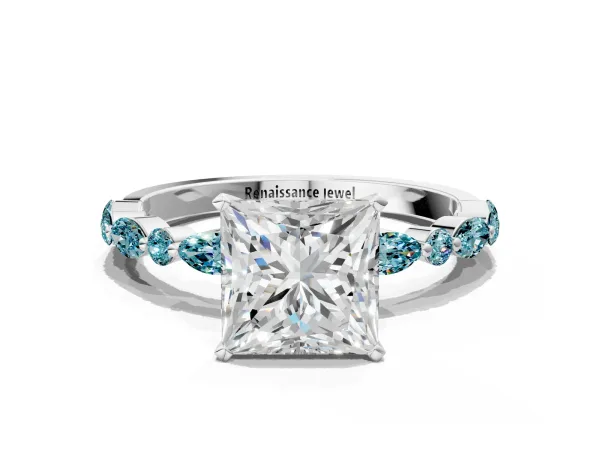 Princess Cut Diamond Ring with Marquise and Round Blue Topaz Side Stones and Four-Prong Setting Platinum