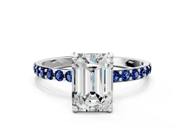 Emerald Cut Diamond Solitaire Ring with Round Blue Sapphire Pavé Band and Prong Setting Platinum