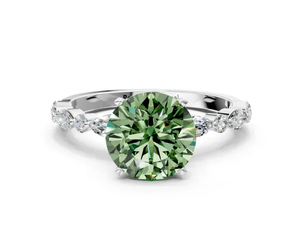 Fancy Green Round Cut Diamond Ring with Marquise and Round Side Stones and Four-Prong Setting White gold