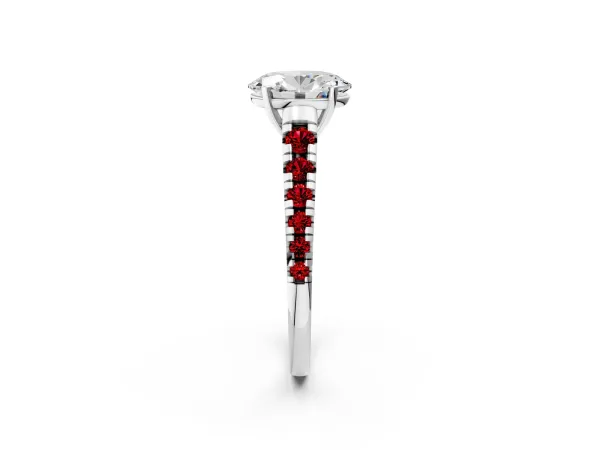 Oval Cut Diamond Cathedral Solitaire Ring with Round Ruby Pavé Band Platinum