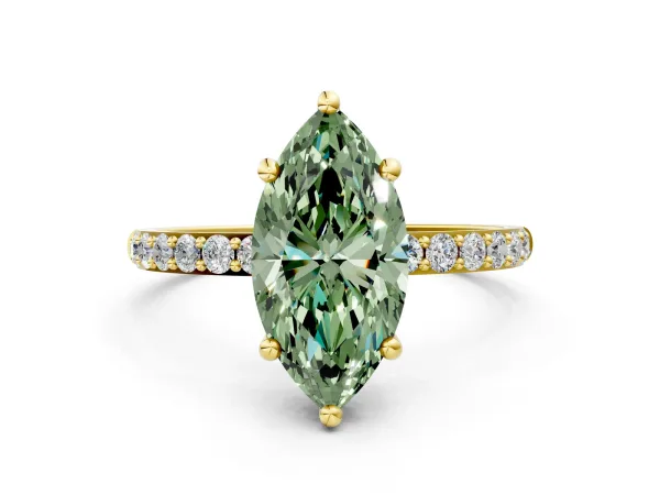 Fancy Green Marquise Cut Diamond Solitaire Ring with Round Pavé Band and Prong Setting Yellow gold