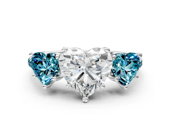 Three-Stone Heart Cut Diamond Ring with Round Blue Topaz Pavé Band and Prong Setting Silver