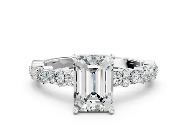 Emerald Cut Diamond Side Stone Solitaire Ring with Round Moissanite and Four-Prong Setting White gold