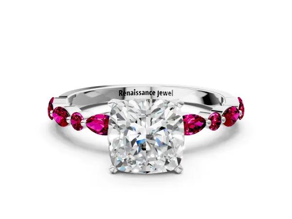Cushion Cut Diamond Ring with Marquise and Round Garnet Side Stones and Four-Prong Setting Platinum
