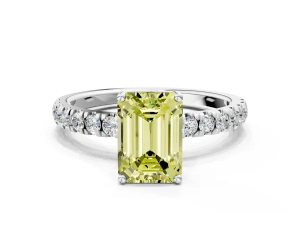 Fancy Yellow Emerald Cut Diamond Pave Band Solitaire Ring with Round and Prong Setting Platinum