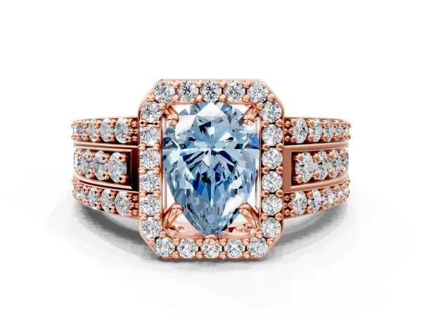 Fancy Blue Pear Cut Halo Diamond Ring with Round Split Shank and Prong Setting Rose gold