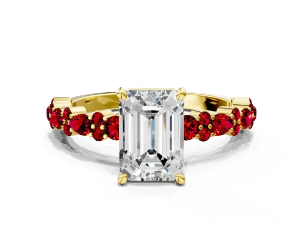 Emerald Cut Diamond Side Stone Solitaire Ring with Round Ruby and Four-Prong Setting Yellow gold