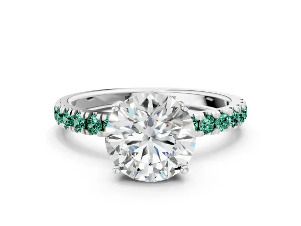 Round Cut Diamond Pave Band Solitaire Ring with Round Green Sapphire and Prong Setting Platinum