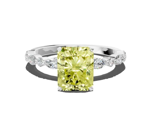 Fancy Yellow Radiant Cut Diamond Ring with Marquise and Round Side Stones and Four-Prong Setting White gold