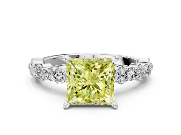 Fancy Yellow Princess Cut Diamond Side Stone Solitaire Ring with Round and Four-Prong Setting Platinum