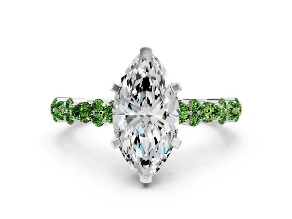 Marquise Cut Diamond Side Stone Solitaire Ring with Round Peridot and Four-Prong Setting Platinum