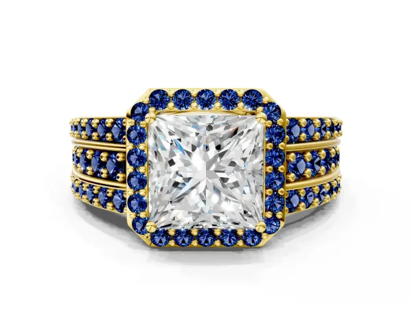 Princess Cut Halo Diamond Ring with Round Blue Sapphire Split Shank and Prong Setting Yellow gold