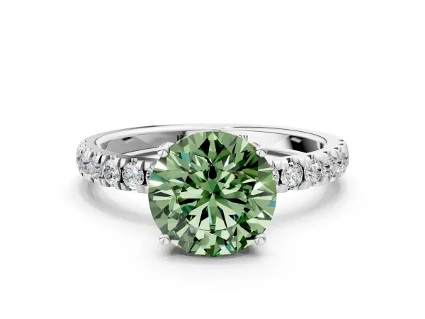Fancy Green Round Cut Diamond Pave Band Solitaire Ring with Round and Prong Setting White gold