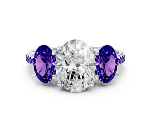 Three-Stone Oval Cut Diamond Ring with Round Tanzanite Pavé Band and Prong Setting Platinum