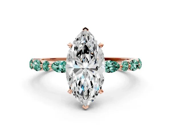 Marquise Cut Diamond Ring with Marquise and Round Green Sapphire Side Stones and Four-Prong Setting Rose gold