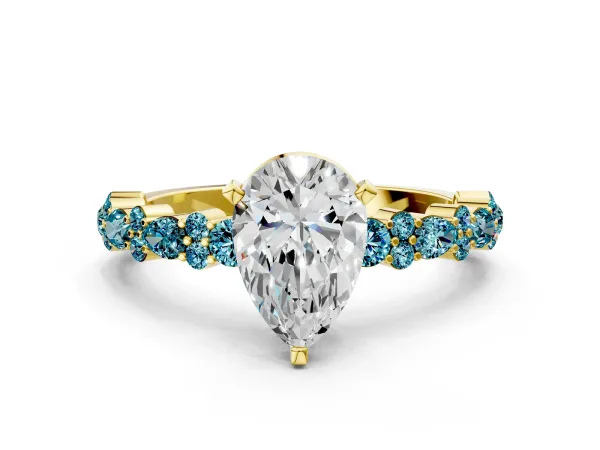 Pear Cut Diamond Side Stone Solitaire Ring with Round Blue Topaz and Four-Prong Setting Yellow gold