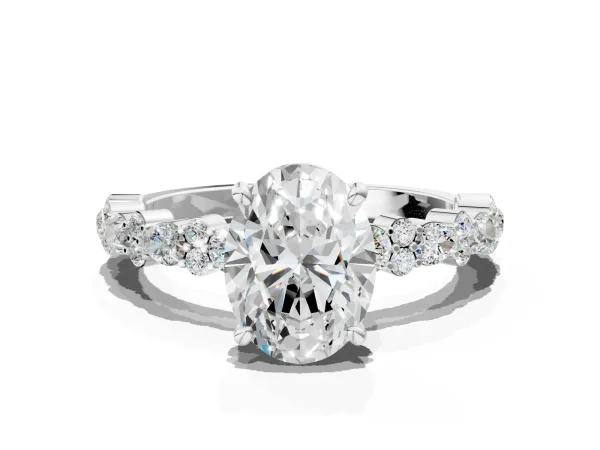 Oval Cut Diamond Side Stone Solitaire Ring with Round and Four-Prong Setting Platinum