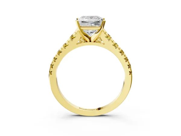 Princess Cut Diamond Cathedral Solitaire Ring with Round Yellow Sapphire Pavé Band Yellow gold