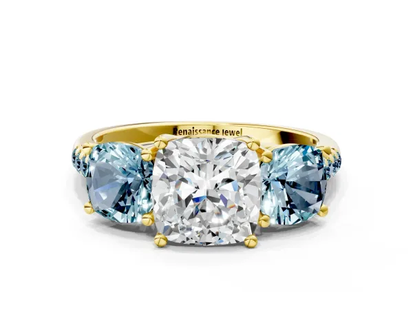 Three-Stone Cushion Cut Diamond Ring with Round Aquamarine Pavé Band and Prong Setting Yellow gold