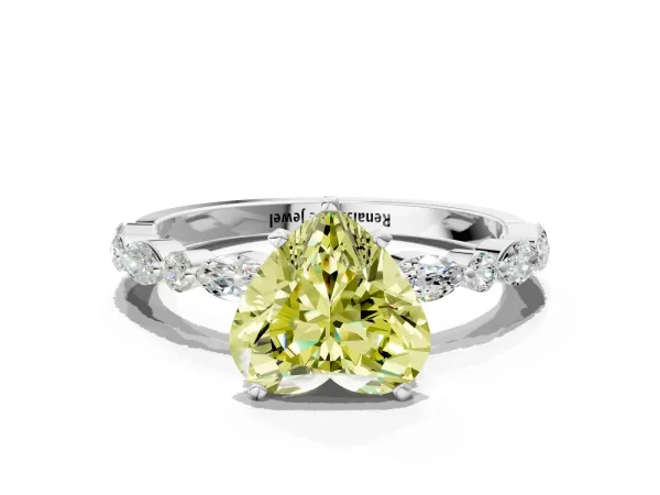 Fancy Yellow Heart Cut Diamond Ring with Marquise and Round Side Stones and Four-Prong Setting White gold