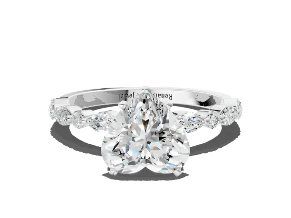 Heart Cut Diamond Ring with Marquise and Round Moissanite Side Stones and Four-Prong Setting Platinum