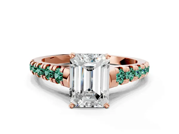 Emerald Cut Diamond Cathedral Solitaire Ring with Round Green Sapphire Pavé Band Rose gold
