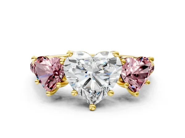 Three-Stone Heart Cut Diamond Ring with Round Morganite Pavé Band and Prong Setting Yellow gold