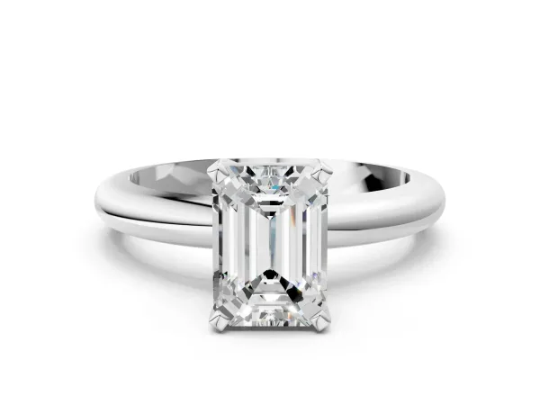 Emerald Cut Diamond Solitaire Engagement Ring with Round Band and Four-Prong Setting Silver