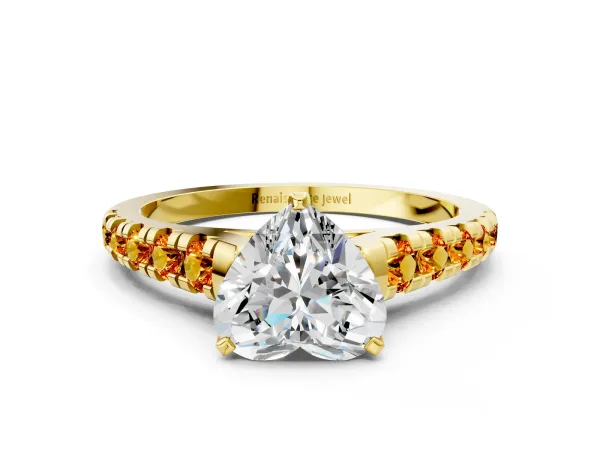 Heart Cut Diamond Cathedral Solitaire Ring with Round Citrine Pavé Band Yellow gold