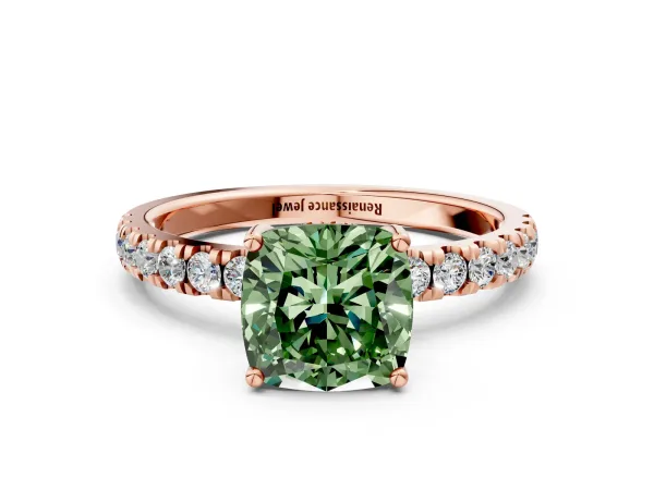 Fancy Green Cushion Cut Diamond Pave Band Solitaire Ring with Round and Prong Setting Rose gold