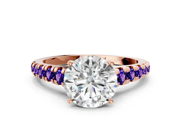 Round Cut Diamond Cathedral Solitaire Ring with Round Tanzanite Pavé Band Rose gold