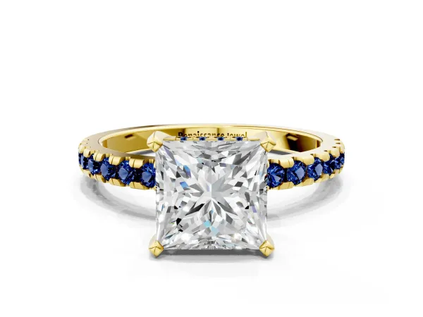 Princess Cut Diamond Solitaire Ring with Round Blue Sapphire Pavé Band and Four-Prong Setting Yellow gold