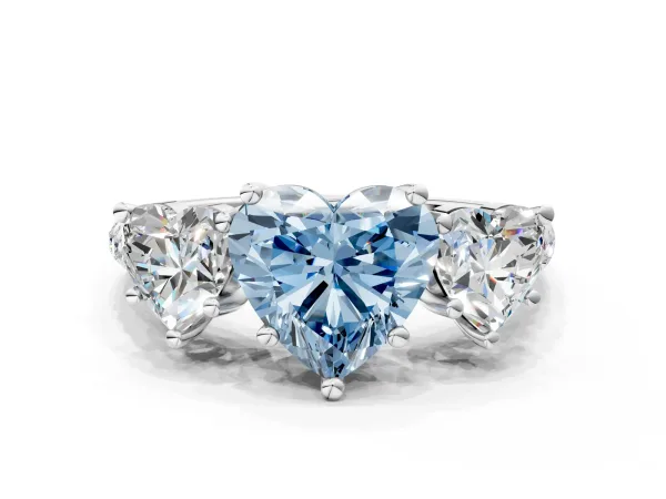 Fancy Blue Three-Stone Heart Cut Diamond Ring with Round Pavé Band and Prong Setting Platinum