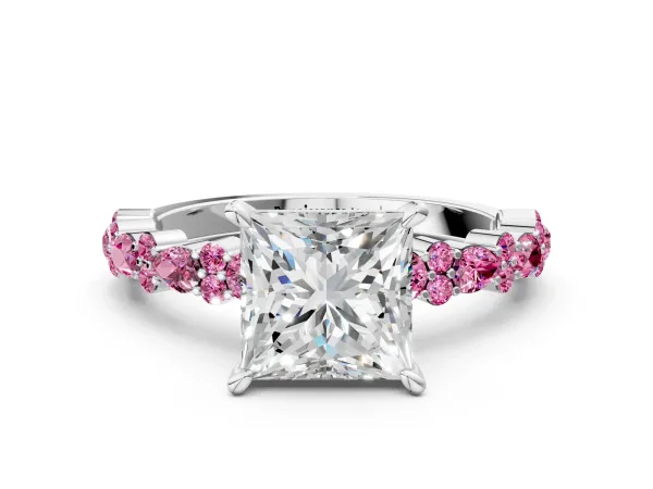 Princess Cut Diamond Side Stone Solitaire Ring with Round Pink Sapphire and Four-Prong Setting Platinum