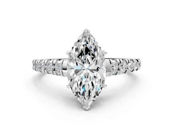 Marquise Cut Diamond Cathedral Solitaire Ring with Round Pavé Band White gold