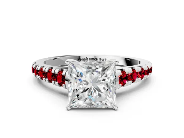 Princess Cut Diamond Cathedral Solitaire Ring with Round Ruby Pavé Band Platinum