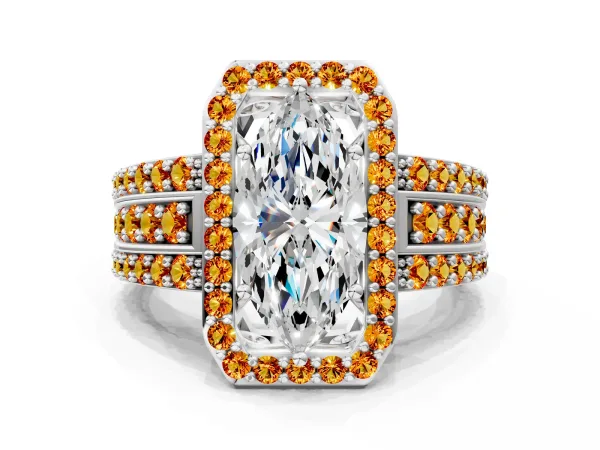Marquise Cut Halo Diamond Ring with Round Citrine Split Shank and Prong Setting Silver